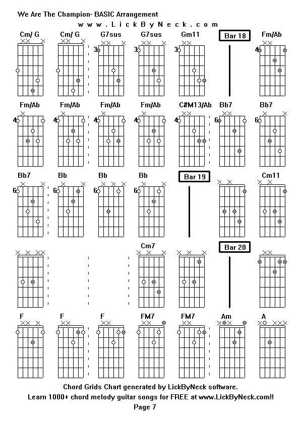 Chord Grids Chart of chord melody fingerstyle guitar song-We Are The Champion- BASIC Arrangement,generated by LickByNeck software.